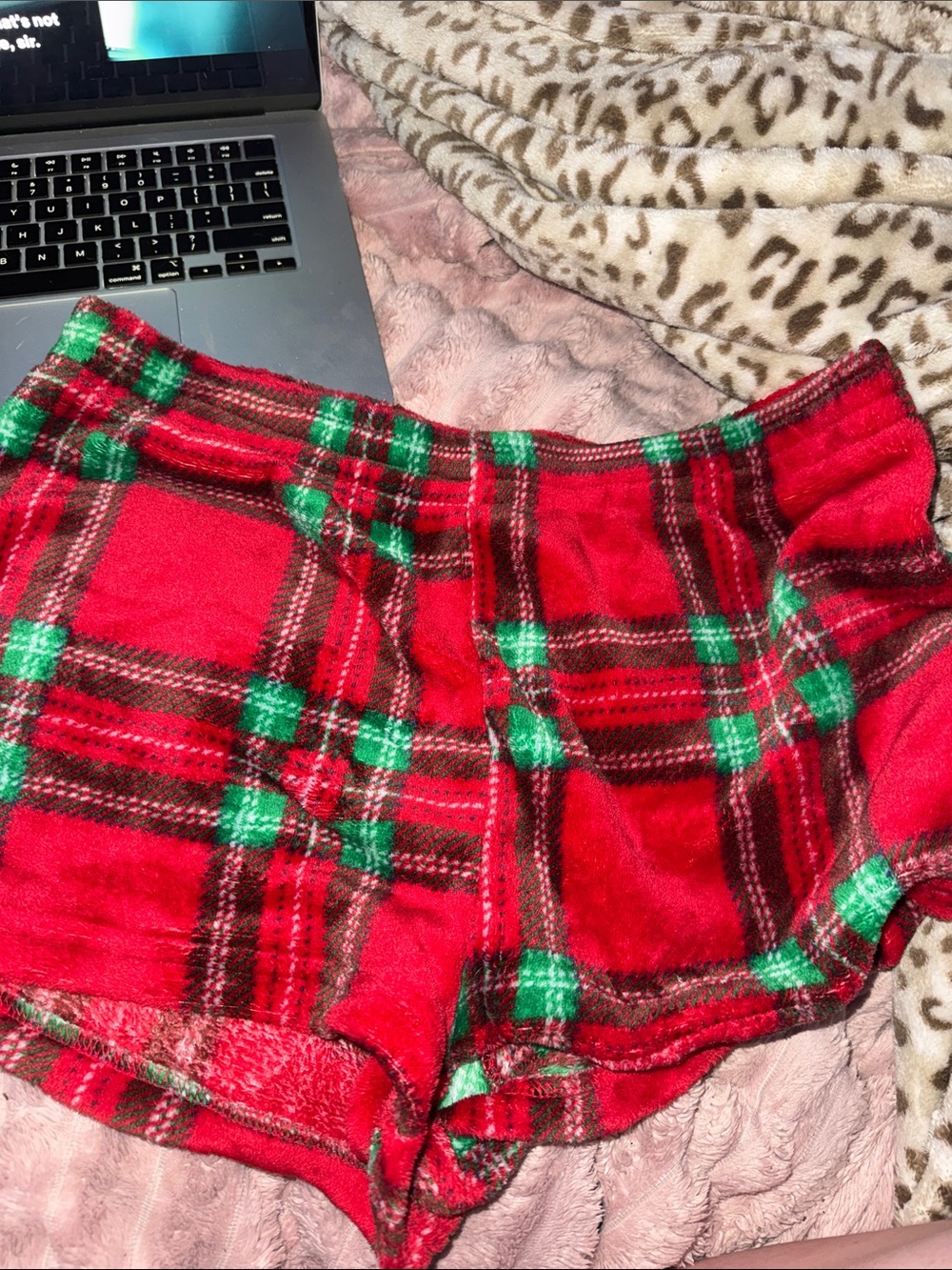 No Boundaries Red and Green Plaid Fleece Lounge Shorts